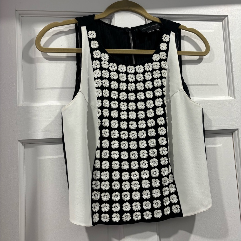 Sachin + Babi Black Camisole with White Sequin Floral Appliqué